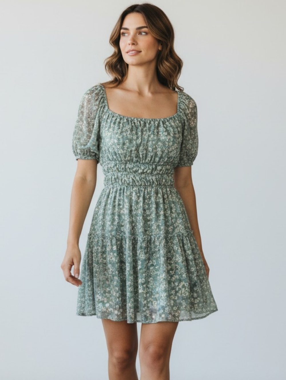 Altar’d State Women's Floral Dress L Sage Green Puff Sleeve Smocked Cottagecore